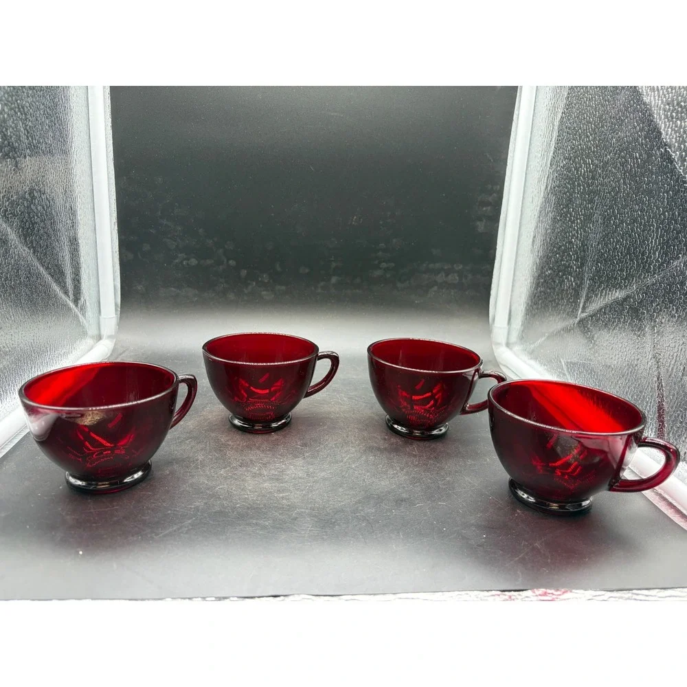 Vintage Anchor Hocking Royal Ruby Red Glass Tea Cups & Square Saucers Set of 10